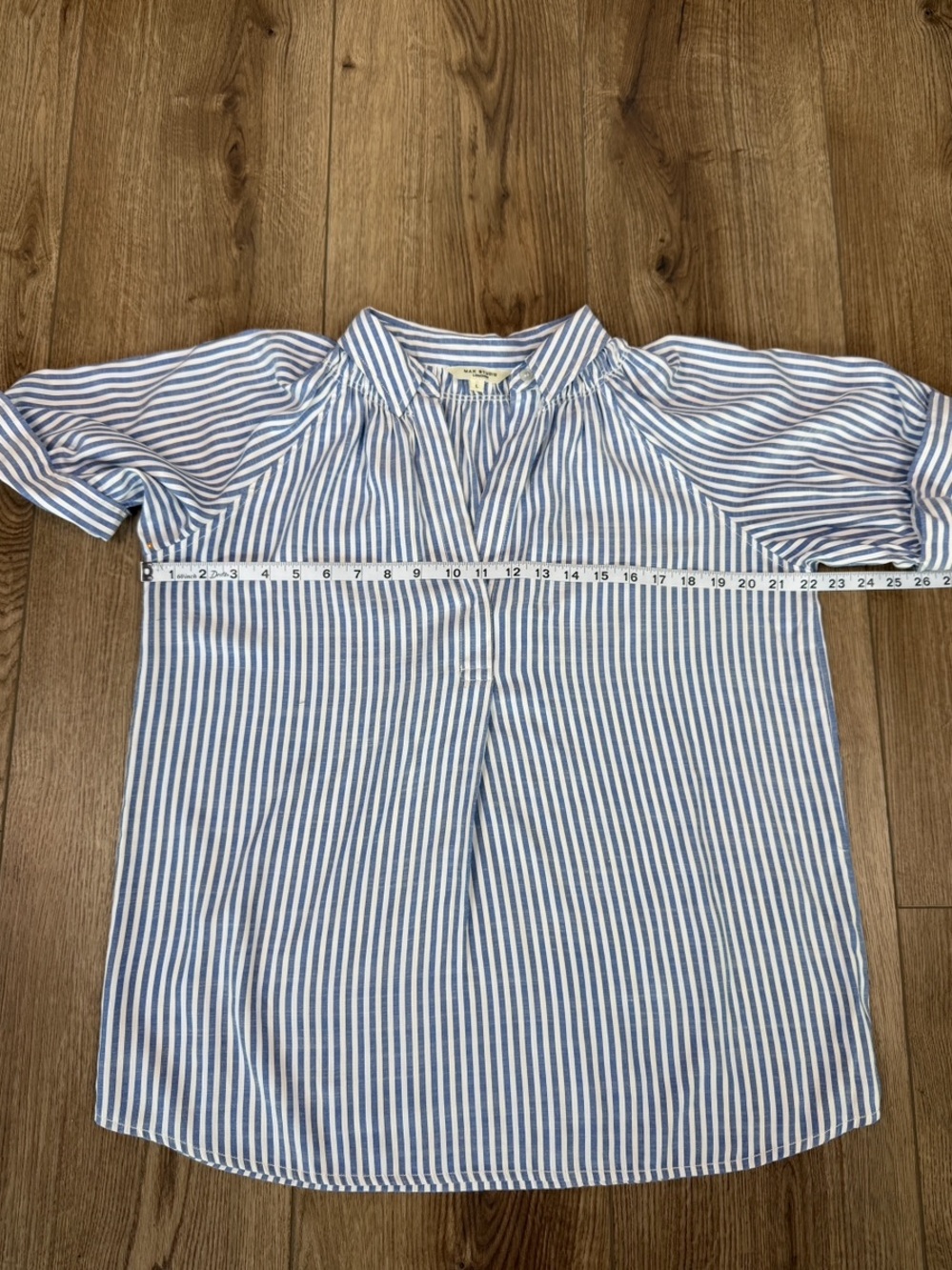 Max Studio Blue & White Striped Popover Blouse Collared Neck Short Cuffed Sleeve - Picture 9 of 11
